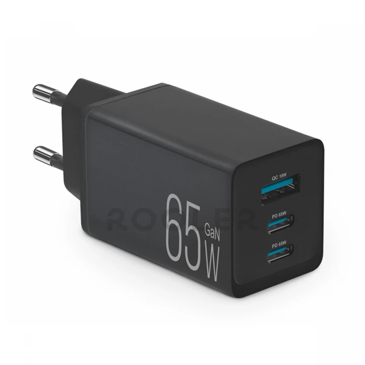 Мережевий зарядний пристрій Brevia ePowerGaN PD65W 2xUSB-C+USB-A чорний-фото 1