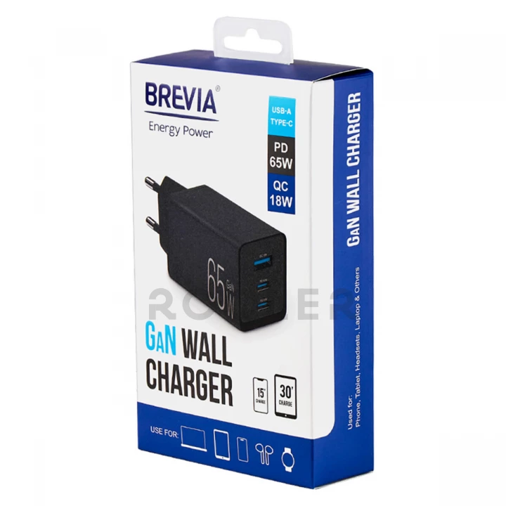 Мережевий зарядний пристрій Brevia ePowerGaN PD65W 2xUSB-C+USB-A чорний-фото 6